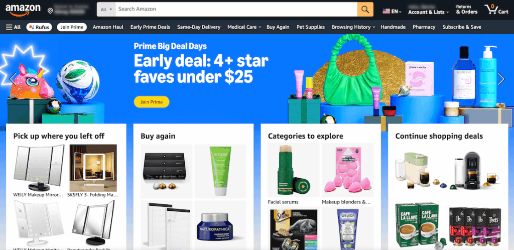 Amazon home screen with content personalization
