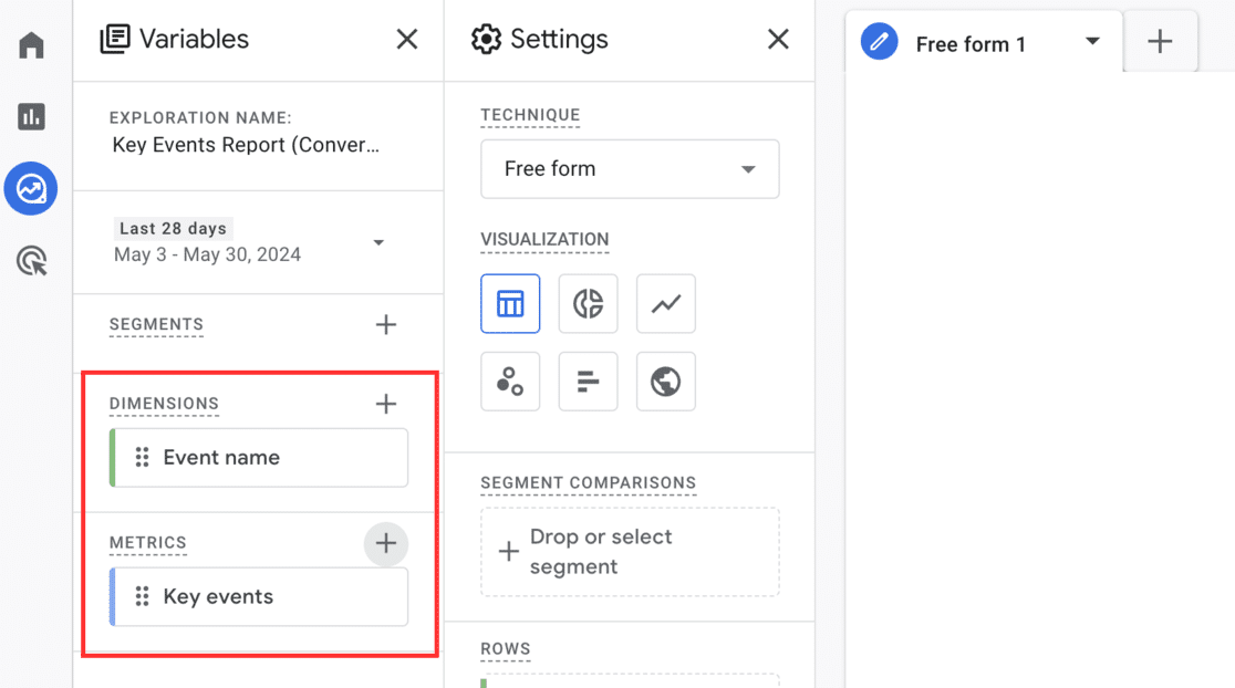 import event name and key events GA4 custom report