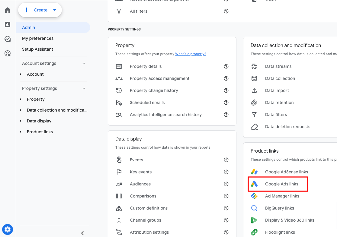 Google Ads Links in Google Analytics admin panel