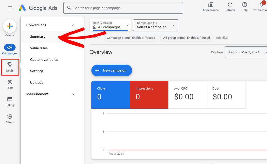 Goals summary conversions in Google Ads
