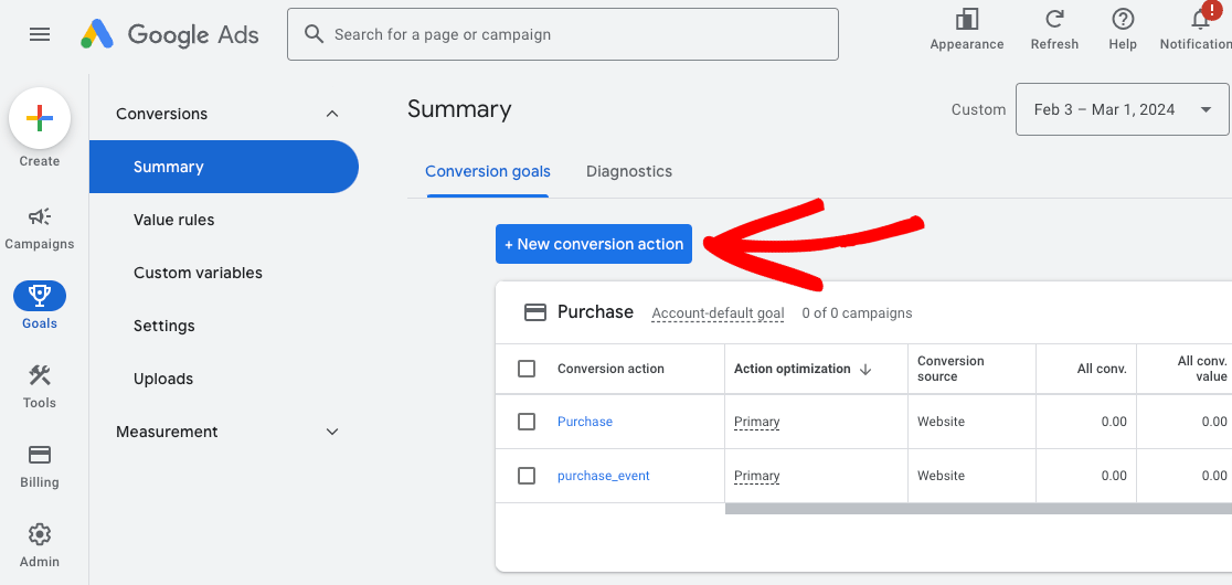 New Conversion Action in Google Ads