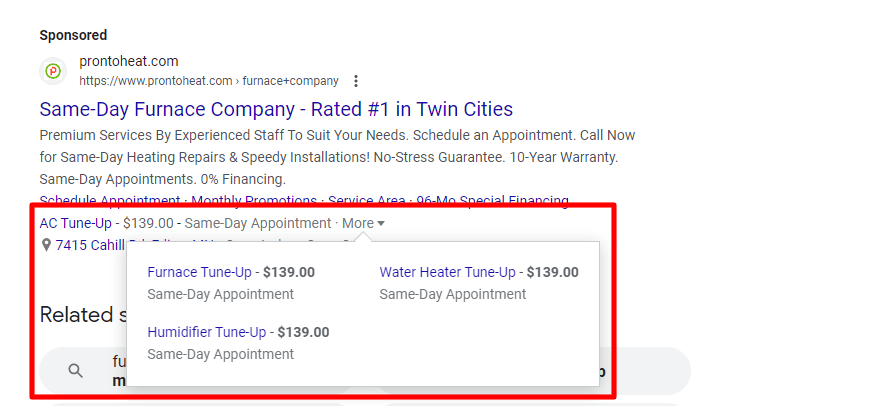 Price assets example in Google Ads