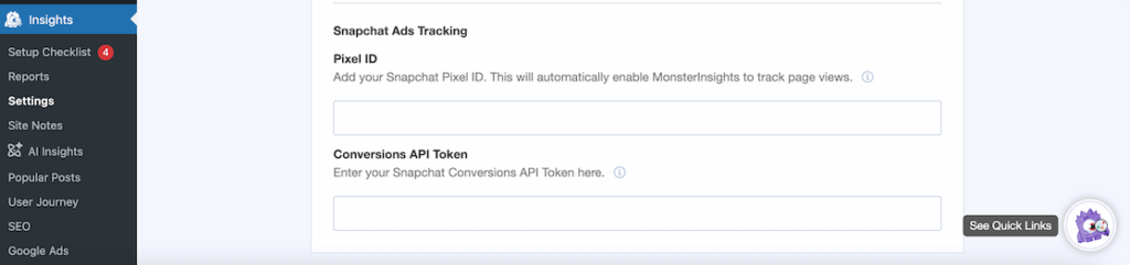 The Snapchat ads tracking feature in MonsterInsights