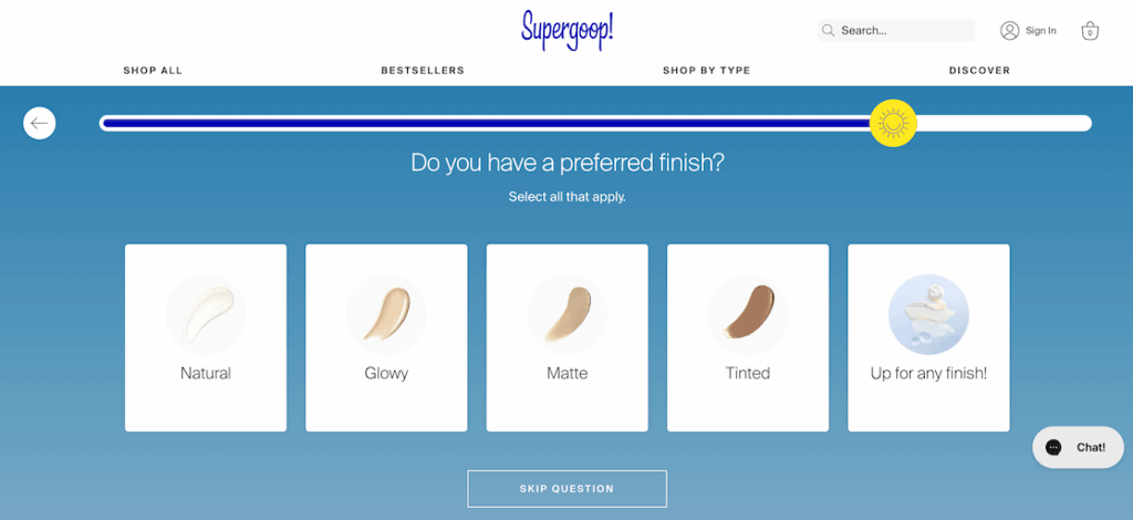 Supergoop interactive quiz to pick a sunscreen